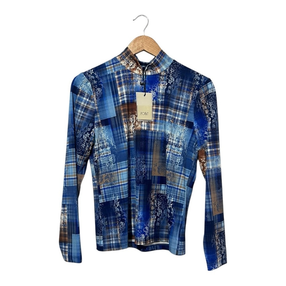 Point Women's Printed Mock Neck Top Blue Plaid Size Large Long Sleeves NWT